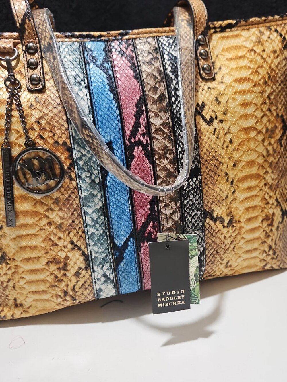Badgley Mischka Python-Embossed Tote with Multicolor Stripe NWT